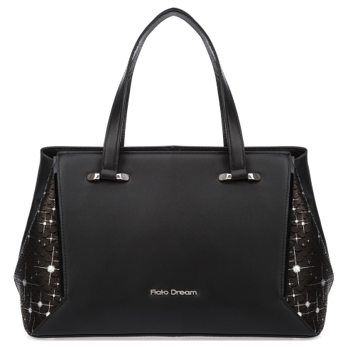 Вместительная кожаная сумка черного цвета с элегантной вставкой по бокам Fiato Dream 1235-d178460